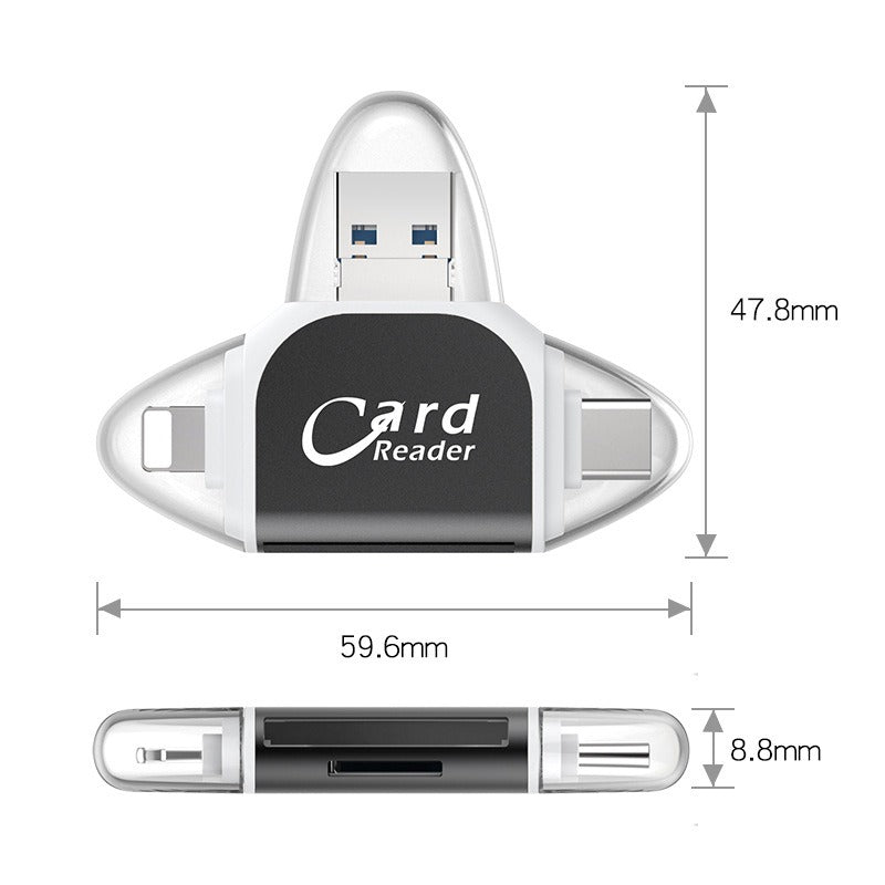 4-in-1 Multi Card Reader | USB-C & Lightning | TF & SD Card | Plug & Play